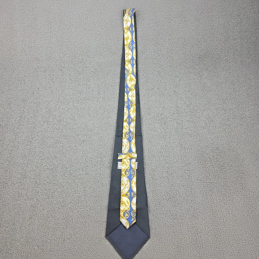 Georgio Gentelli Uomo Silk Tie Men Blue Gold Baroque Scroll Hand Made 3.75